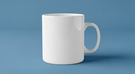 Obraz premium Simple White Ceramic Coffee Mug With Handle Placed Centered On A Solid Light Blue Background With Subtle Shadowing And Soft Lighting Ideal For