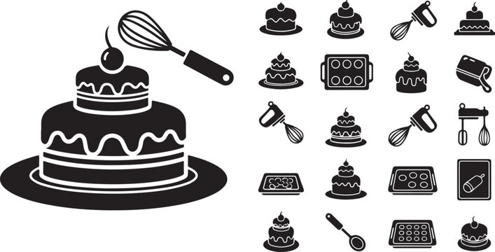 Baking icons and cake with utensils on white background