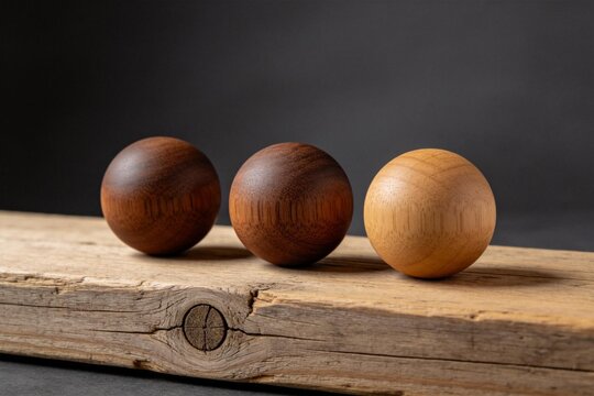 Three wooden spheres on a plank