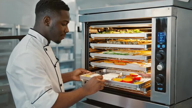 The male chef slides tray out testing texture, rotating trays visible, warm air flow creates slight movement, horizontal slide motion value