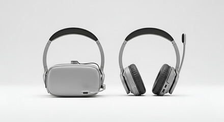 Virtual Reality Headset and Headphones Set Side By Side on a White Background in a Studio Lighting Setup Showcasing Futuristic Technology and