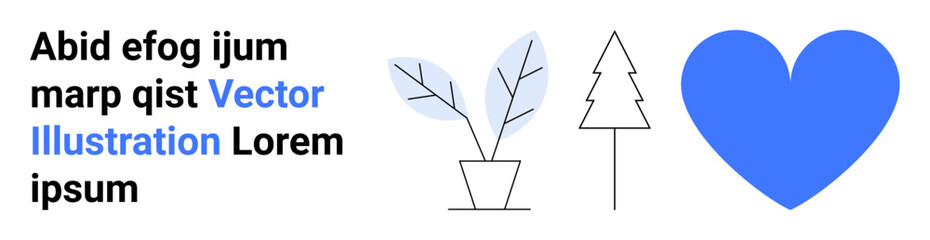 Nature, love, minimalism, eco-friendly design, modern aesthetics, lifestyle branding. A potted plant, pine tree and blue heart in simple design. Nature and love concept