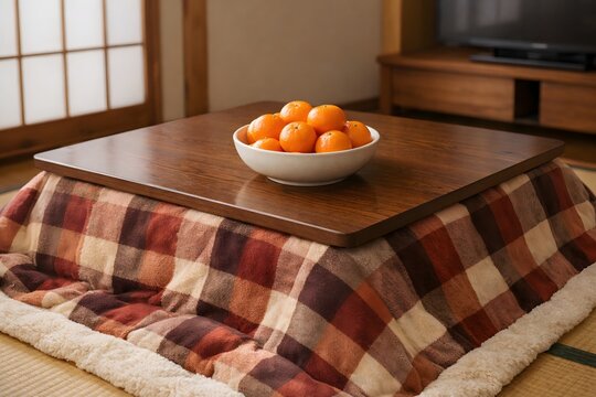 japanese kotatsu table with a bowl of mandarin oranges on tatami floor
