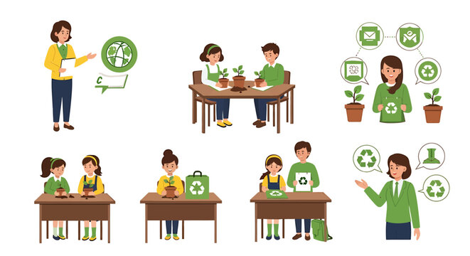 Collaborative Learning Scene With Students At Desks And Plants. Vector Illustrations. EPS Editable