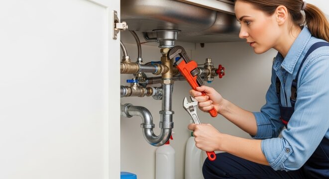 Plumber repairing leaking pipe under kitchen sink, plumbing service and DIY maintenance work, home water repair with copy space for advertising