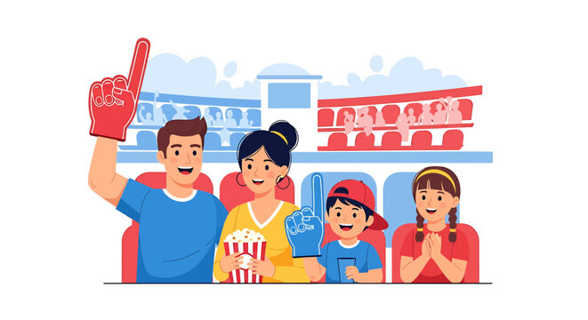 Joyful Family at Stadium Cheering Together During Game. Vector Illustrations. EPS Editable