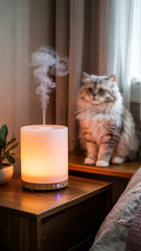Cat sitting beside an essential oil diffuser emitting steam in a cozy room