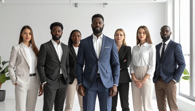 Diverse business professionals standing together in a modern office environment