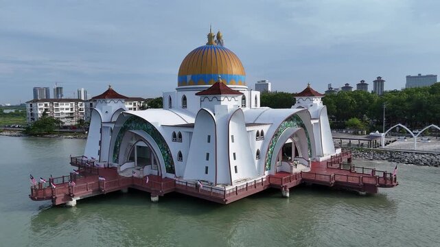 Aerial view of Melaka Straits Mosque. Floating Mosque in Malacca city, Malaysia.