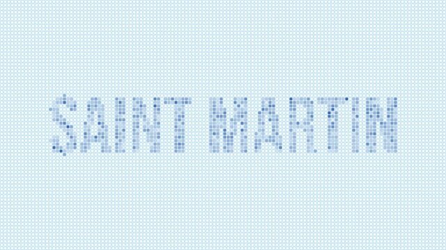 Saint Martin dotted map animation. Digital style shape of Saint Martin and island title blue dots appear with flickering effect. Creative Intro, outro, title, logo video.
