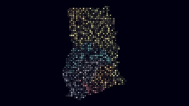 Ghana map animation. Shape of the country with pulsating colored dots. Small size rounded square blocks. Digital style Ghana map on dark background. Artistic video.