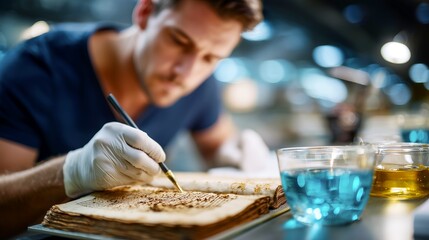 Library conservator repairing antique book pages with cotton gloves