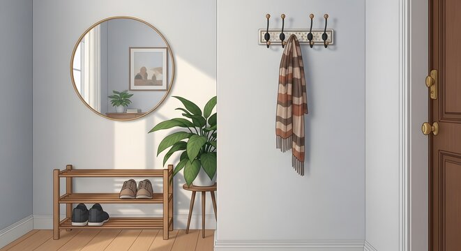 Hallway scene round mirror shoes plant and door with scarf on a coat rack