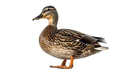 Obraz premium A close-up side-view of a female waterfowl with brown, black, and tan feathers, orange feet, and a yellow and black beak