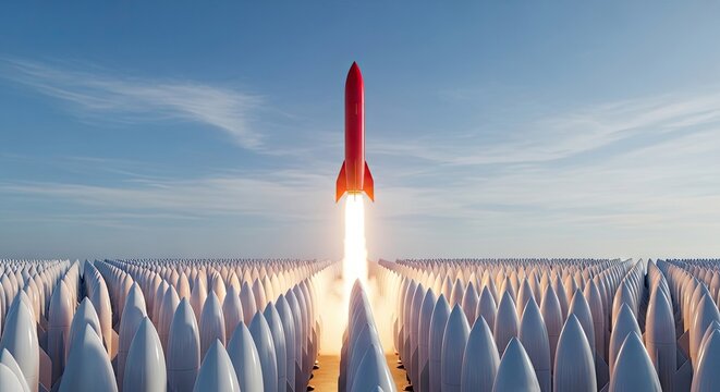 A vibrant red rocket blasts off from the center of a vast field of white missiles. The rocket ascends powerfully into a clear blue sky with scattered clouds.