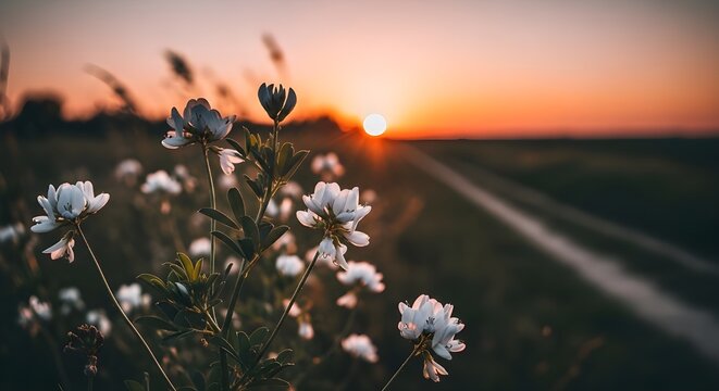 Wide cinematic landscape of adelfa shrubs blooming along a countryside path during golden hour