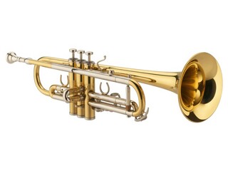 Obraz premium A polished brass trumpet with intricate details and a gleaming bell isolated on white background