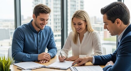 Three professionals are seated around a table, reviewing and signing a document.