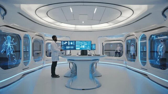The male patient controls prosthetic through BCI, brain activity visualizes on EEG display, descending crane shot 