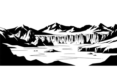 Black and white Arctic glacier vector illustration with icy peaks and frozen landscape © Md Humaun