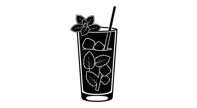 Mojito Cocktail Icon: Fresh Mint, Ice Cubes, and Straw in Tall Glass Silhouette