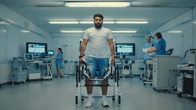 The male patient initiates step, exoskeleton motors activate lifting leg with controlled motion, camera dollies around 