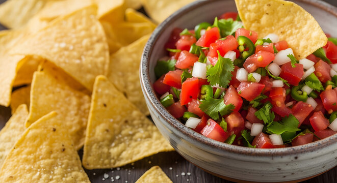 A delicious gourmet appetizer of fresh nachos with salsa and guacamole served in a bowl with red tomatoes and peppers makes for a healthy vegetarian meal or vibrant Mexican cuisine dish