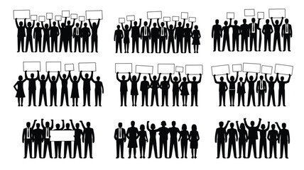 Silhouettes of Protesting Crowd Holding Signs and Banners.