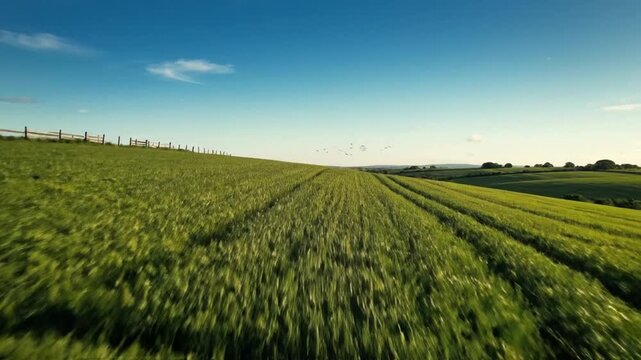 A low aerial view gliding over lush green agricultural fields under a clear blue sky. The camera moves smoothly along the crop rows, highlighting the texture and symmetry of the farmland in bright day