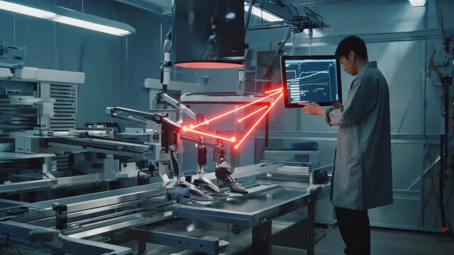 The male prosthetist adjusts socket angle, laser lines show alignment change, force distribution updates on pressure map, dolly