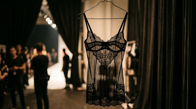 Black lace sheer babydoll lingerie garment displayed on a hanger