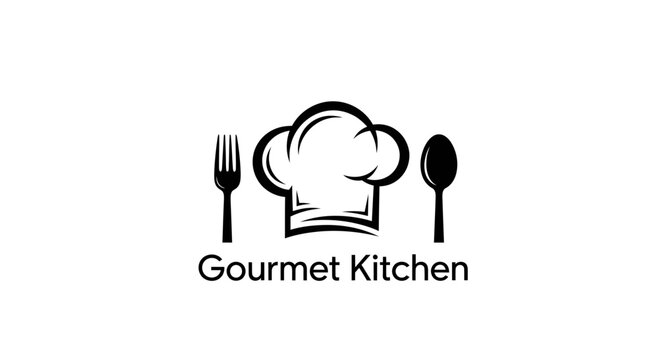 Gourmet Kitchen Logo with Chef Hat, Fork and Spoon