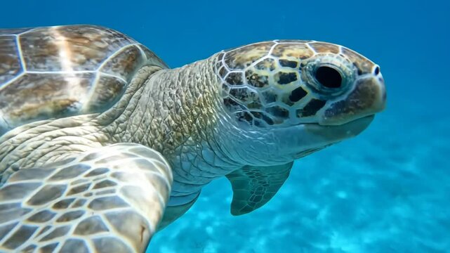 Sea Turtle Swimming Underwater Ocean.