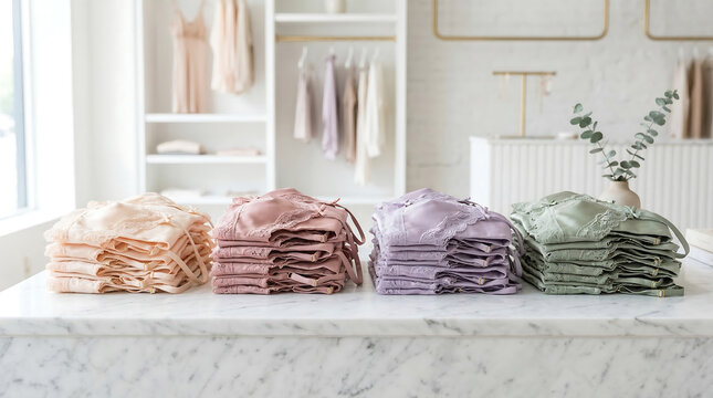 Neatly stacked collection of delicate silk pastel bralettes displayed in a boutique setting