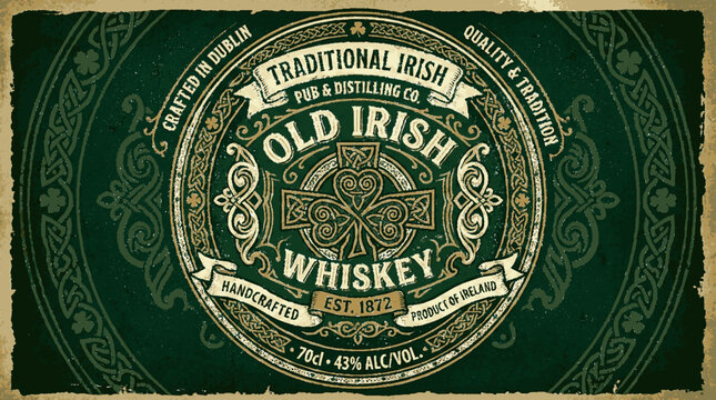 Vintage old irish whiskey label design with shamrock and celtic knot on green background