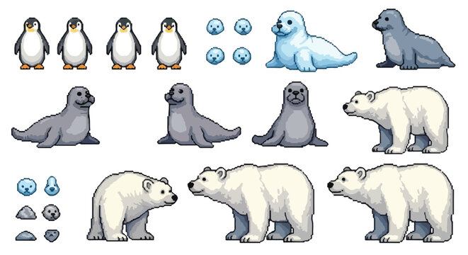 This image displays a diverse collection of pixel art sprites featuring various arctic animals, including penguins, seals, and polar bears in different poses.