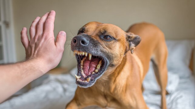Angry dog barking and showing teeth at human hand on bed. Aggressive pet behavior and dog bite danger. Warning concept about unsafe interaction with animals at home