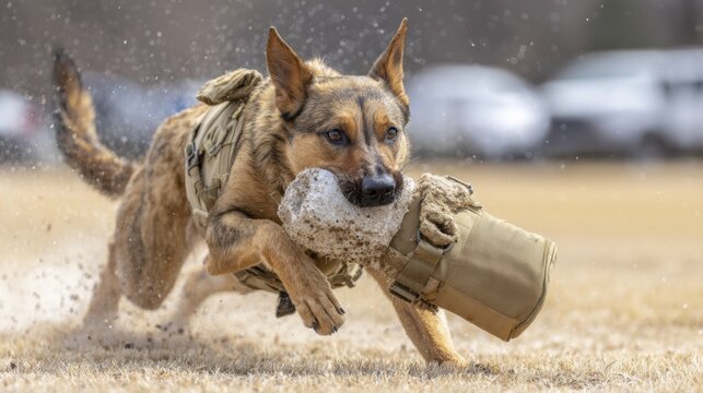 Trained police dog running with bite sleeve during protection training. Working K9 in tactical harness practicing controlled bite and retrieval in outdoor field. Professional canine security training