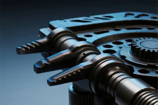Close-up of mechanical gears and rods with intricate metal components in a dark industrial setting