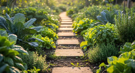 Obraz premium A sun-drenched garden path meanders through lush green vegetables and herbs, bathed in golden hour light