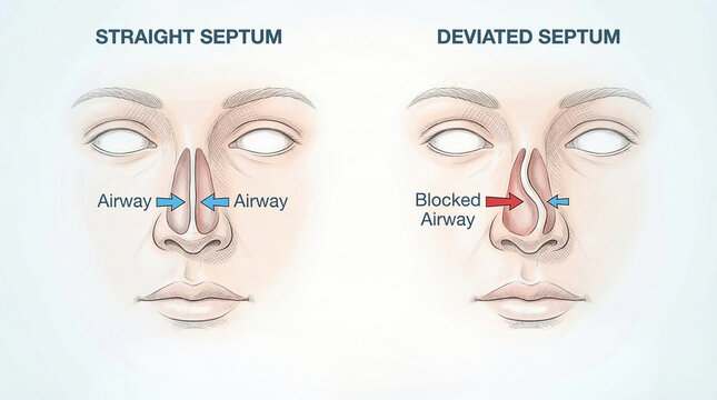 Deviated vs Straight Nasal Septum Breathing Blockage Illustration