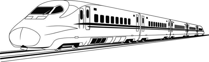 high speed train vector illustration, modern bullet train transport, railway technology concept, fast passenger locomotive, isolated black white rail design © Shamim