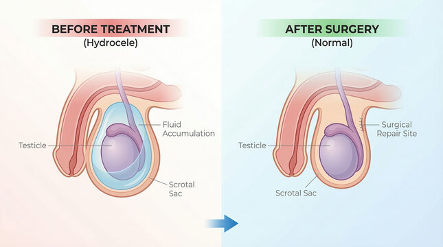 Hydrocele Fluid Accumulation and Post-Surgery Treatment Illustration