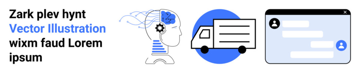 Fototapeta premium Artificial intelligence, logistics, messaging apps, human-machine interaction, digital tools, innovation. Brain with gear, delivery truck icon chat interface. Artificial intelligence and logistics