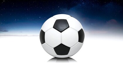 Naklejka premium A classic soccer ball, centered, against a blended backdrop of a night sky and white, hazy, ethereal landscape