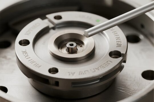 Close-up of a precision mechanical component being adjusted with a tool