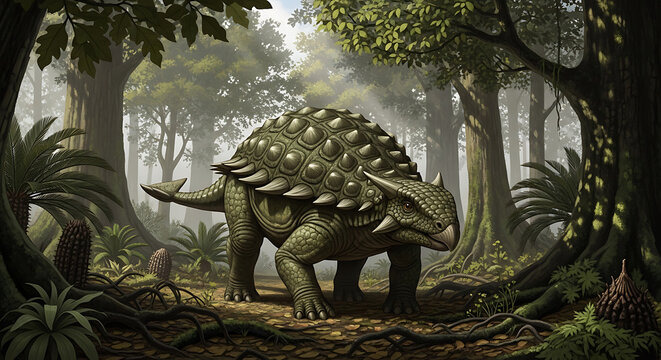 A Stegosaurus in a misty prehistoric forest.