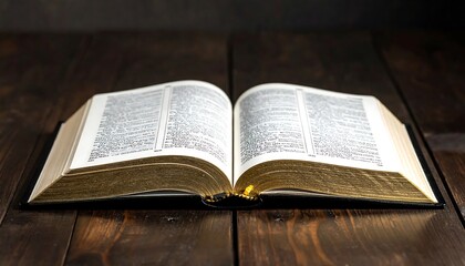 An open book, revealing its pages, rests on a dark wooden surface. The golden-edged pages gleam under warm lighting