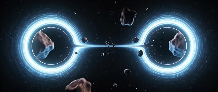 Black hole space cosmic gravity universe science astrophysics dark energy light ring event horizon galaxy glowing astronomy two glowing space objects connected by bright energy bridge deep space