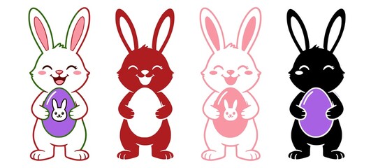 Obraz premium Set of cute Easter bunnies holding decorated eggs in various vector styles and silhouettes